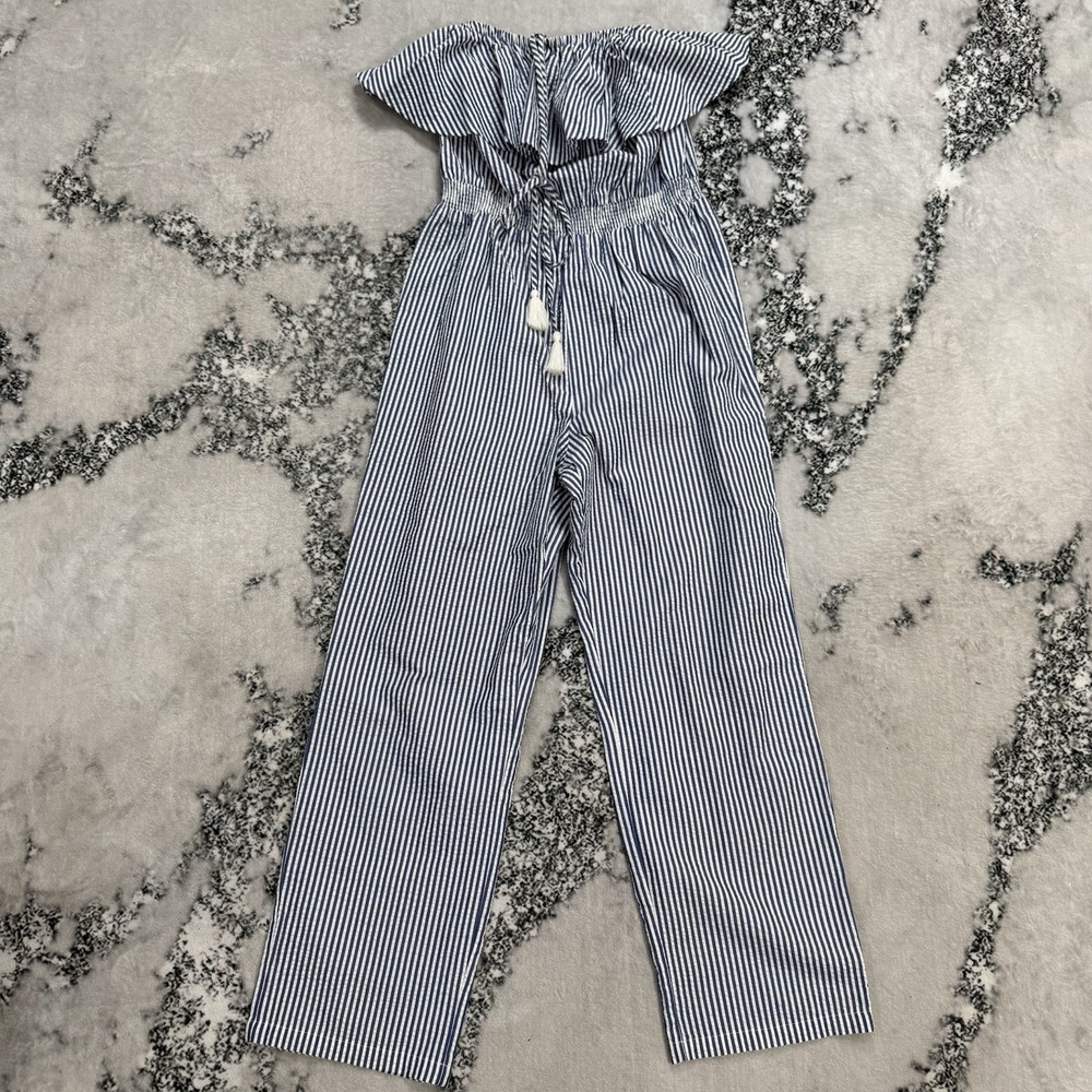 J Crew Blue White‎ Stripe Halter Jumpsuit Smocked Wide Leg Womens Size XS